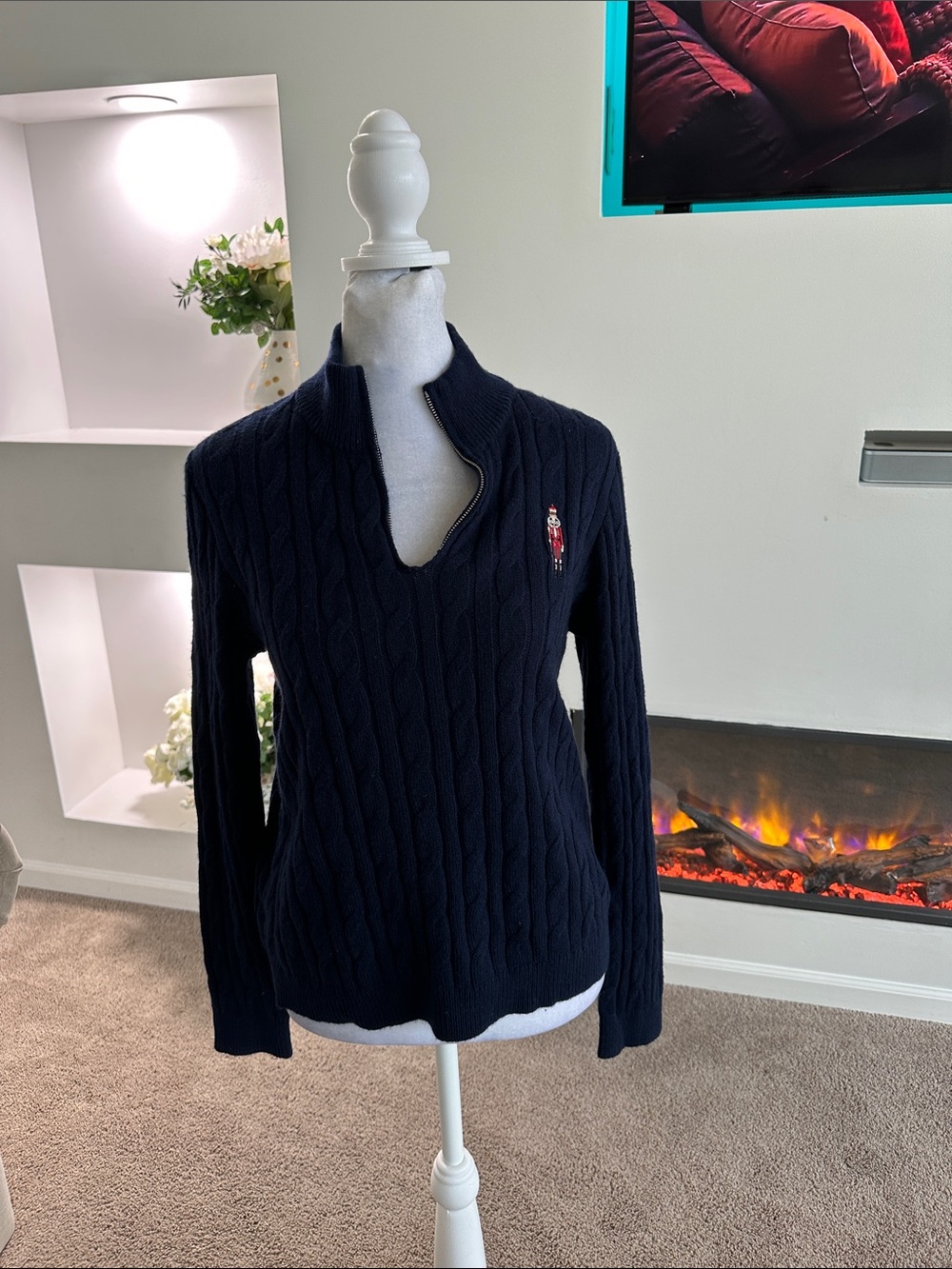 Reiss Navy Cable-Knit Zip-Turtleneck Sweater